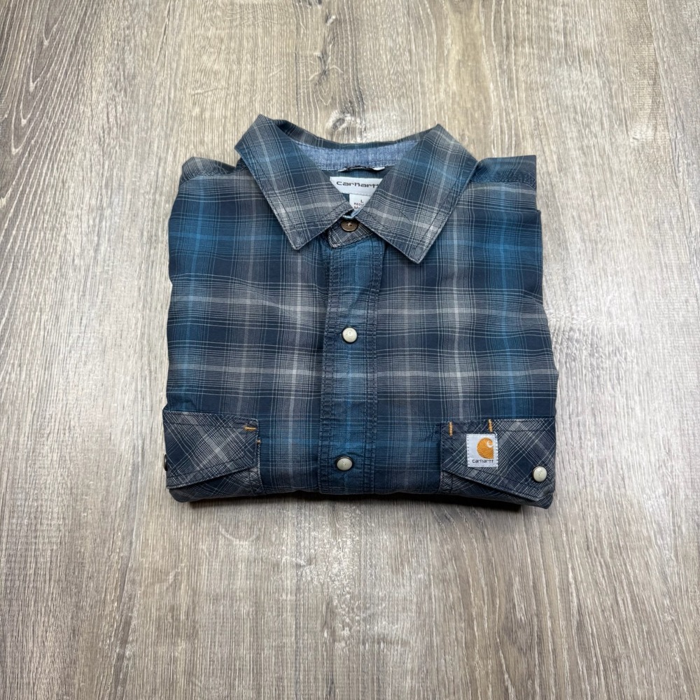 Carhartt Mens Blue Plaid Reaxed Fit Flannel Long Sleeve Button Up Shirt Size L